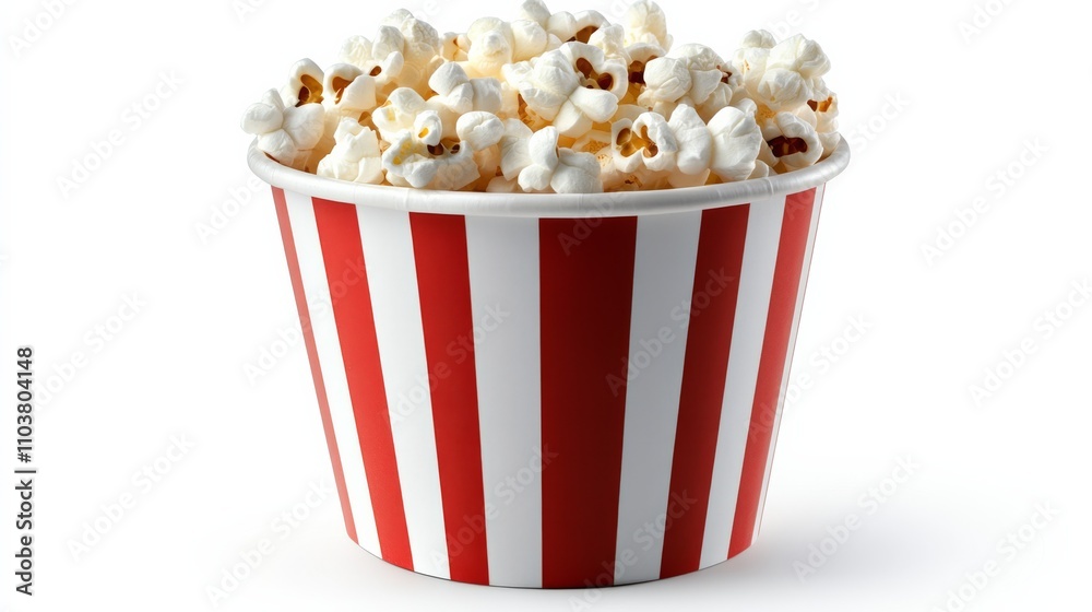 A red-and-white striped bucket filled with freshly popped popcorn, perfect for movie nights or theater snacks A red-and-white striped bucket filled with freshly popped popcorn, perfect for movie nights or theater snacks