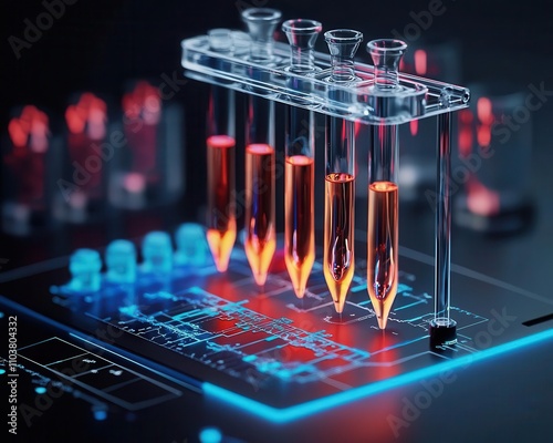 Advanced electrophoresis system, engineering blueprint visualization, 3D illustration