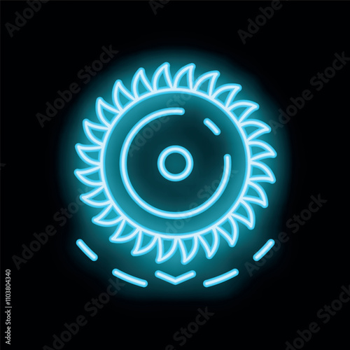 Neon blue icon of a circular saw blade cutting something on a black background