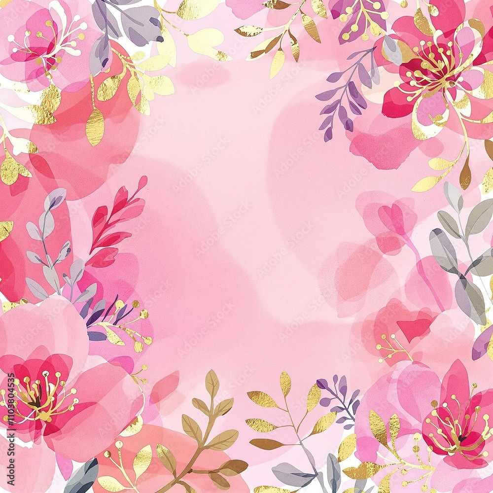 Abstract watercolor pattern of pink flowers enriched with shiny gold foil details, intricate, summer, shiny details, pattern Abstract watercolor pattern of pink flowers enriched with shiny gold foil details, intricate, summer, shiny details, pattern