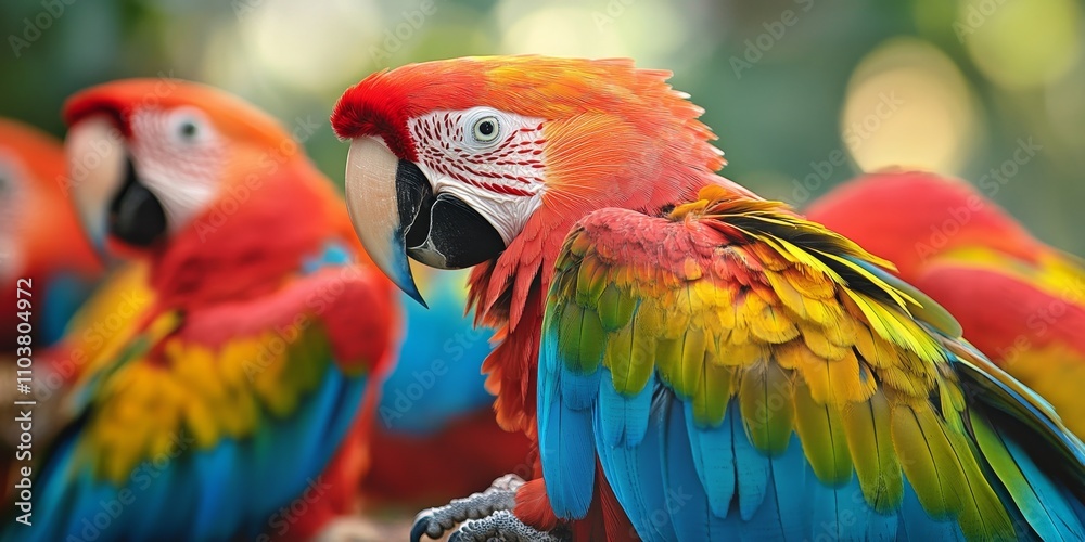 Obraz premium Colorful birds with vibrant feathers inspire awe and wonder, showcasing their resplendent beauty. The vibrant feathers of striking macaws and other birds create a captivating display of iridescence.