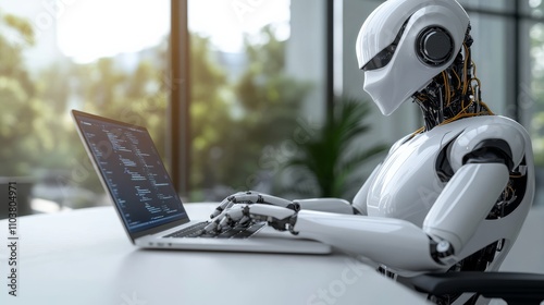 A futuristic humanoid robot programming on a laptop in a modern office setting, symbolizing AI, automation, and technological innovation.. photo