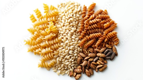 Three types of pasta—whole wheat, regular, and spelt—arranged side by side, showcasing diversity in culinary ingredients... photo