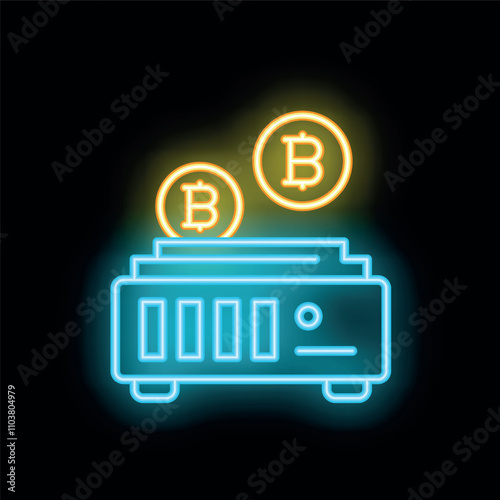 Glowing neon illustration of a bitcoin mining rig generating cryptocurrency with bitcoins hovering above