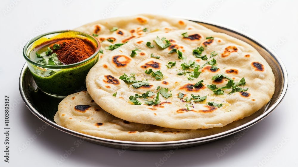 Delicious Naan Bread on Stylish Plate with Indian Spices Sauce Indian food cuisine Delicious Naan Bread on Stylish Plate with Indian Spices Sauce Indian food cuisine