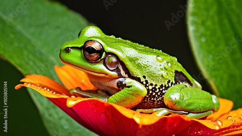 Tropical Frog Resting on Vibrant Flower After Rainstorm with Glistening Raindrops