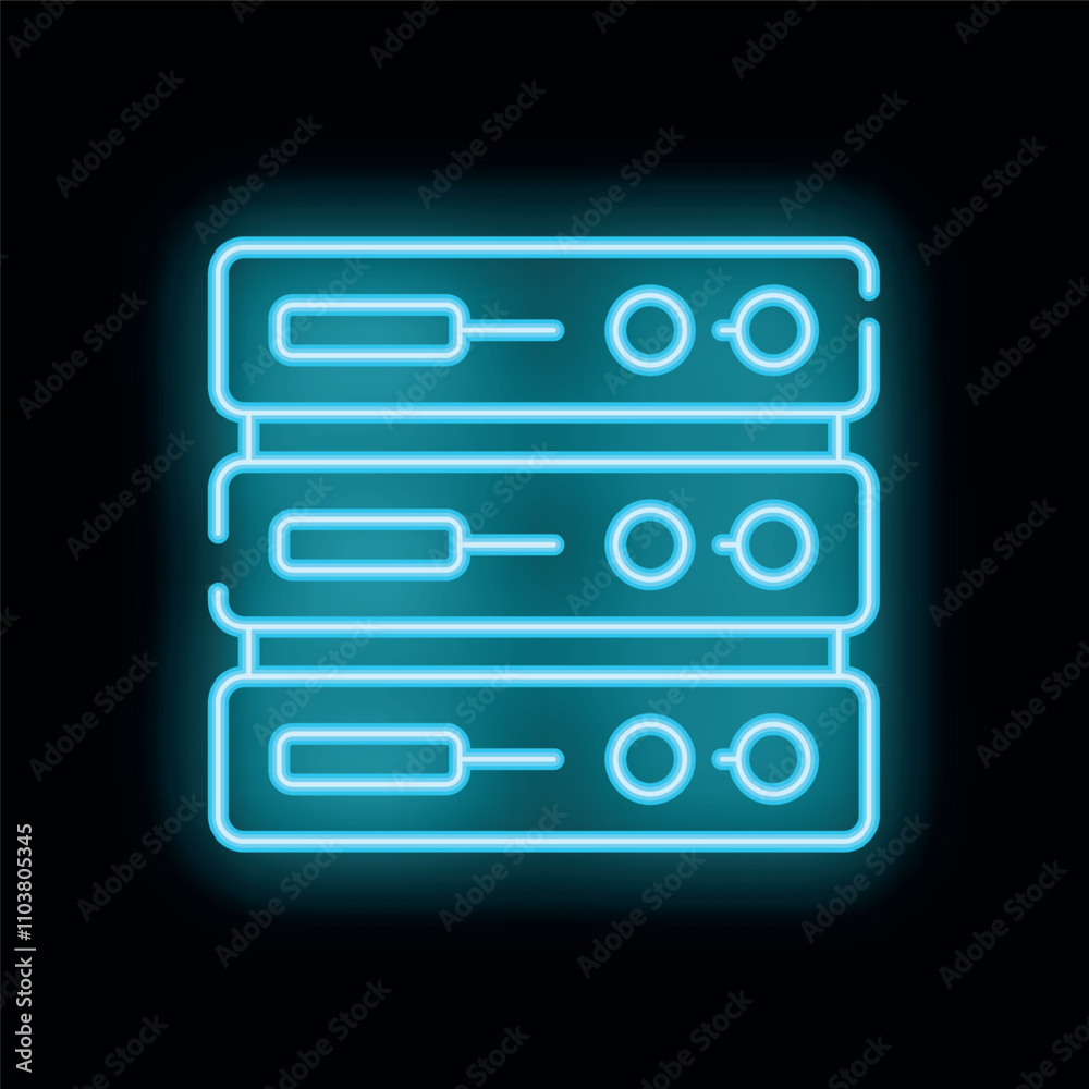 Neon blue icon of a server rack glowing on black background, representing data storage and network infrastructure Neon blue icon of a server rack glowing on black background, representing data storage and network infrastructure