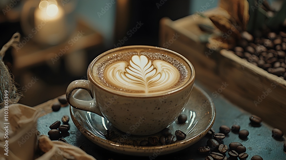 Coffee Latte Art: A perfectly crafted latte, with a delicate leaf design in the froth, sits on a rustic wooden table surrounded by coffee beans and other cozy details. Coffee Latte Art: A perfectly crafted latte, with a delicate leaf design in the froth, sits on a rustic wooden table surrounded by coffee beans and other cozy details.