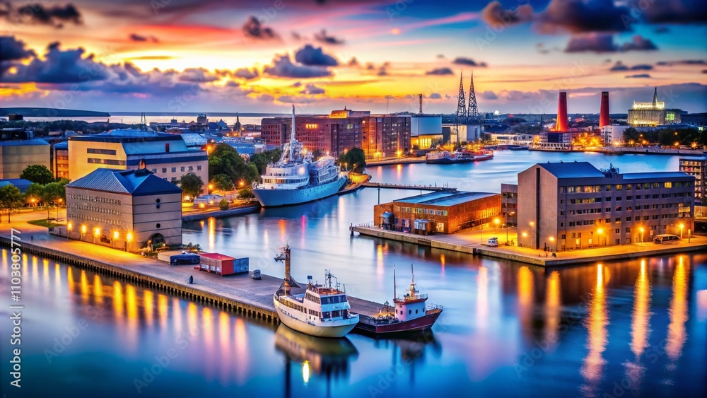 Fototapeta premium Serene Twilight Outdoor Landscape at Aalborg Waterfront with Vessel Ships and Industrial Buildings Captured in Tilt-Shift Photography Style