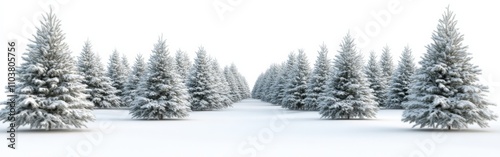 A row of snow-laden pine trees on a pristine white field, symbolizing the serene beauty of winter landscapes..