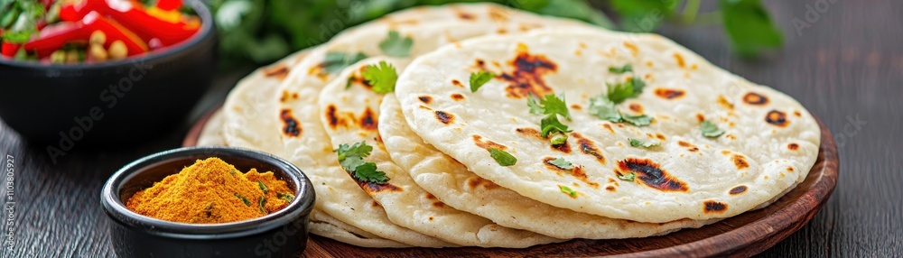 Traditional Indian Naan with Spices on Wooden Plate and Vegetables Indian food cuisine Traditional Indian Naan with Spices on Wooden Plate and Vegetables Indian food cuisine