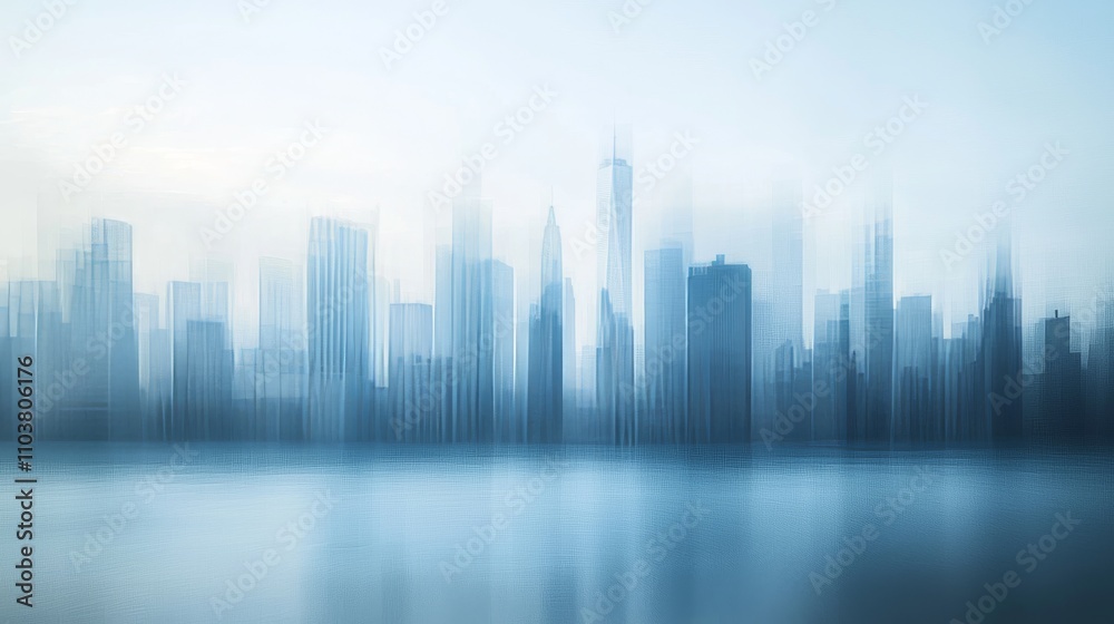 Blurry modern urban skyline, soft blue and white gradient, minimalist design, dreamy effect Blurry modern urban skyline, soft blue and white gradient, minimalist design, dreamy effect