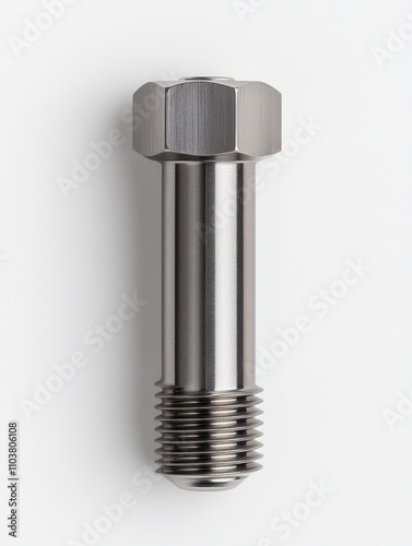 A shiny stainless steel bolt with hexagonal head and threaded body, perfect for engineering or industrial designs.. photo