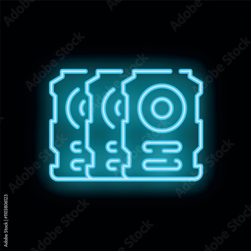 Glowing blue neon icon of a crypto mining rig with multiple gpus, symbolizing cryptocurrency mining and blockchain technology