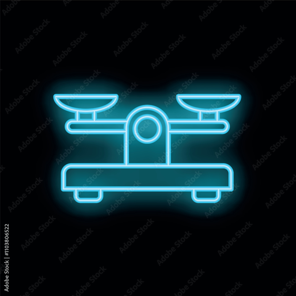 Blue neon sign of a balancing scale glowing on a black background Blue neon sign of a balancing scale glowing on a black background