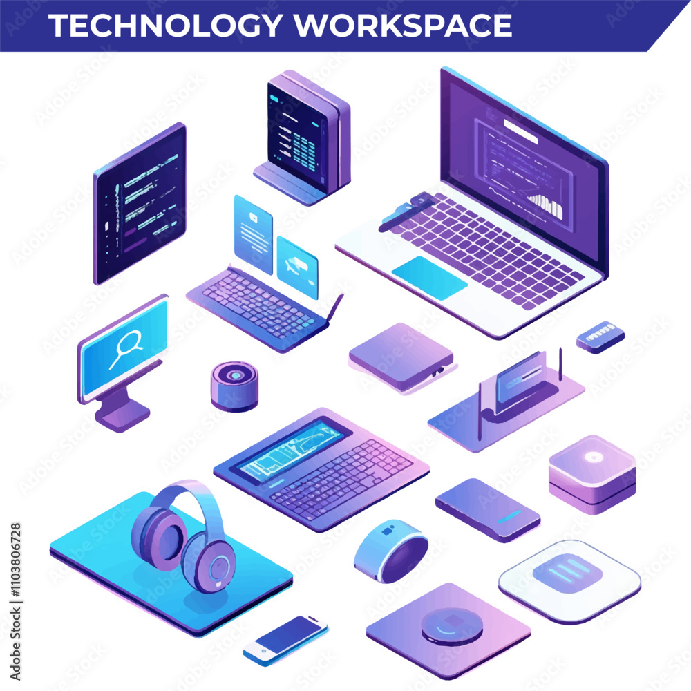 isometric illustration of a technology workspace featuring clean and simple smart devices, laptops, and digital tools isometric illustration of a technology workspace featuring clean and simple smart devices, laptops, and digital tools