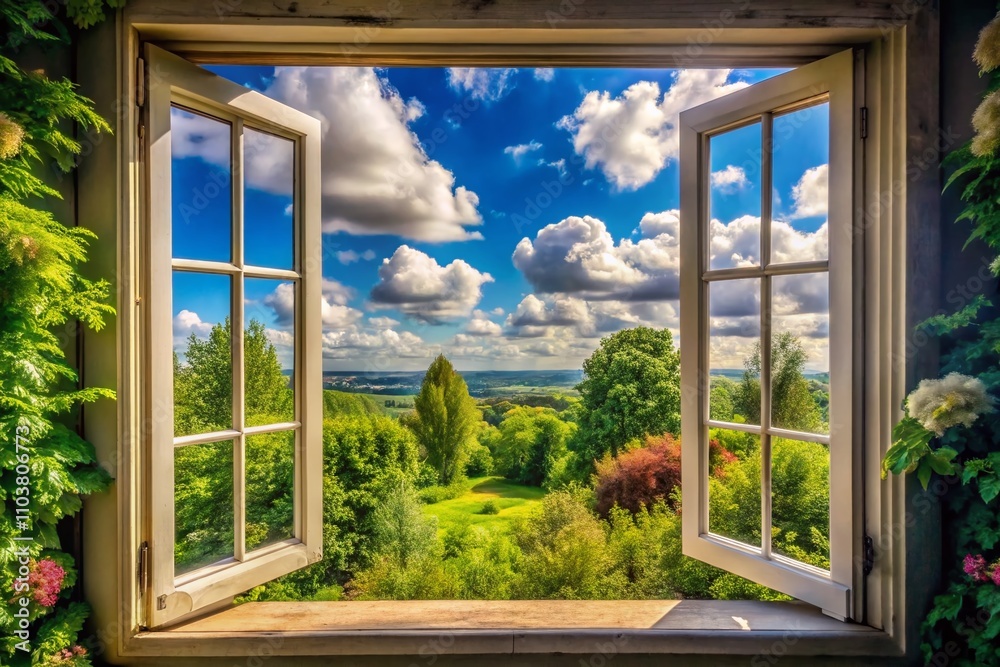 Fototapeta premium Serene Vintage Window View of Lush Greenery and Vibrant Sky with Fluffy Clouds Inviting Peace and Tranquility in a Cozy Room Setting