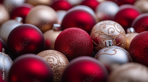 A festive arrangement of red, white, and gold Christmas ornaments, highlighting their shimmering and glittering details for holiday cheer.. photo