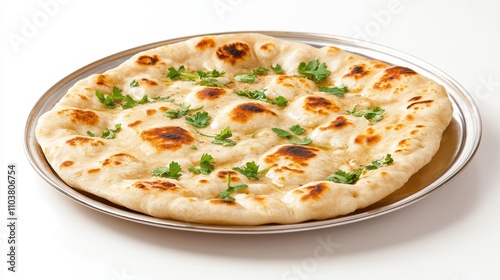 Freshly Baked Naan Bread with Herbs on a Silver Plate Indian food cuisine