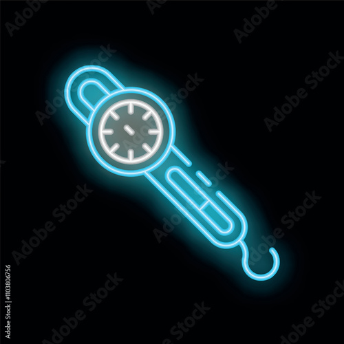 Neon sign of steelyard showing weight on black background, glowing blue and white