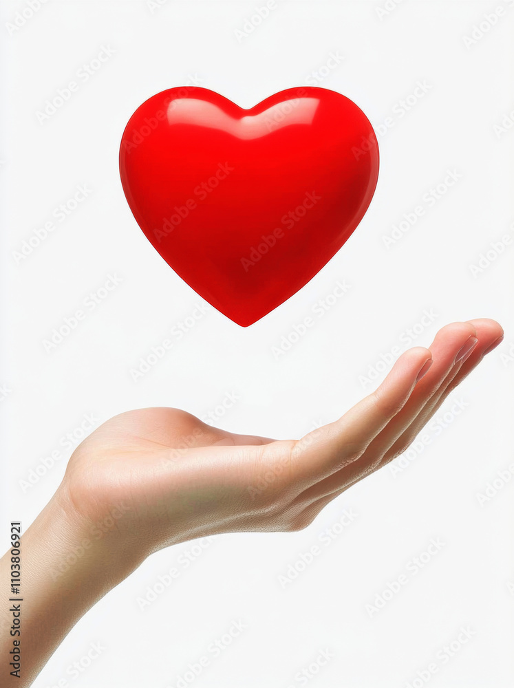 Hand Holding a Floating Red Heart on a White Background Hand Holding a Floating Red Heart on a White Background