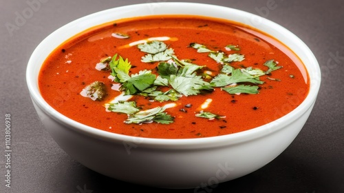 Vibrant Red Soup Garnished with Fresh Green Herbs in White Bowl Indian food cuisine