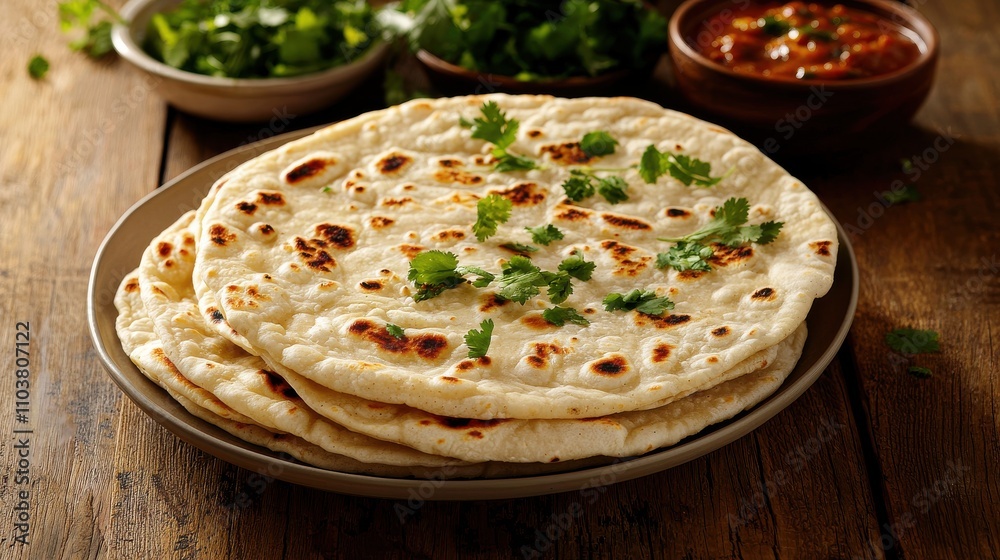 Freshly Cooked Indian Flatbreads with Herbs and Sauces on Wooden Table Indian food cuisine Freshly Cooked Indian Flatbreads with Herbs and Sauces on Wooden Table Indian food cuisine