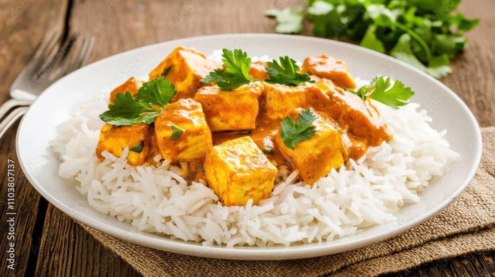 Delicious Paneer Tikka Masala with Rice and Fresh Cilantro Garnish Indian food cuisine Delicious Paneer Tikka Masala with Rice and Fresh Cilantro Garnish Indian food cuisine