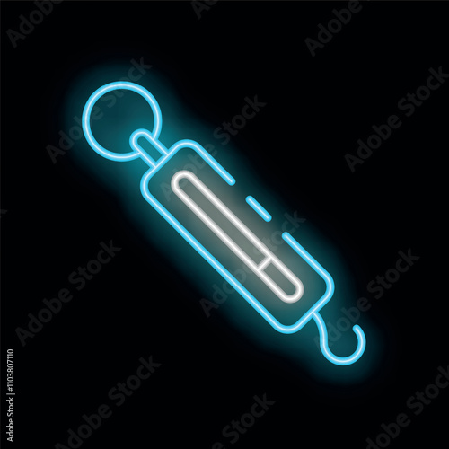 Glowing neon icon of a spring scale, representing concepts like weight measurement and scientific tools