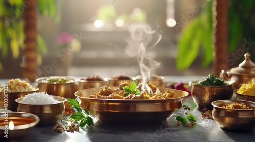 Aromatic Indian Cuisine in Brass Bowls with Steaming Dish Indian food cuisine