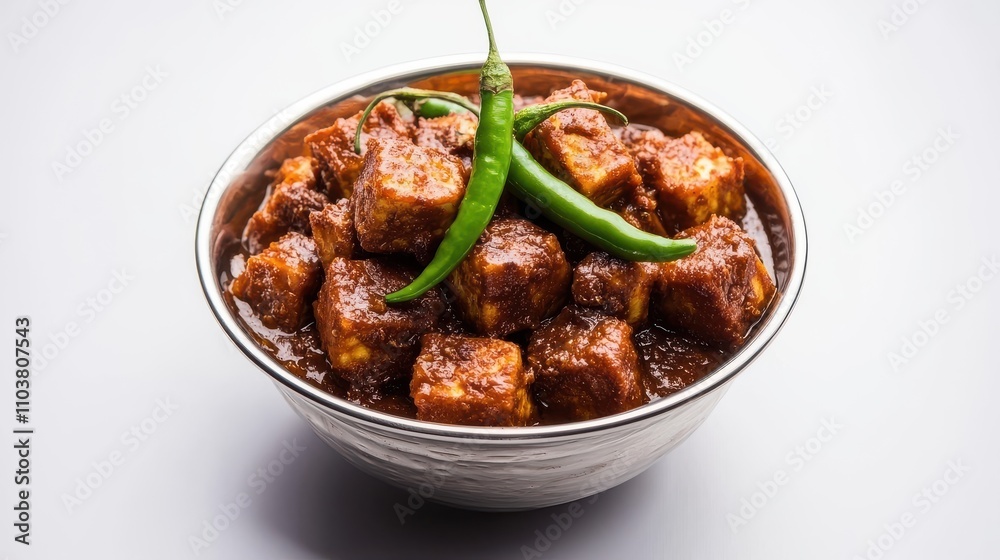 Spicy Paneer Dish with Green Chili Garnish in Silver Bowl Indian food cuisine Spicy Paneer Dish with Green Chili Garnish in Silver Bowl Indian food cuisine