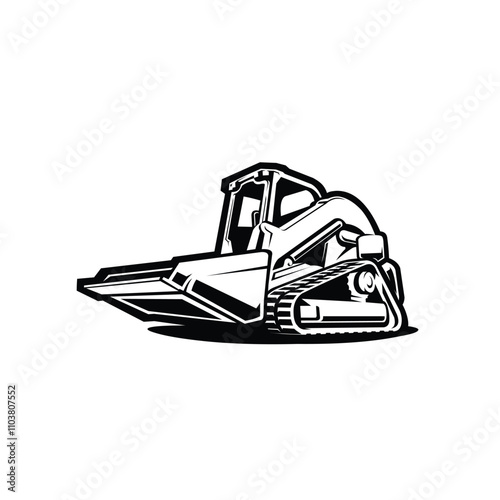 Skid Steer Track Loader, Bulldozer Vector Monochrome Isolated