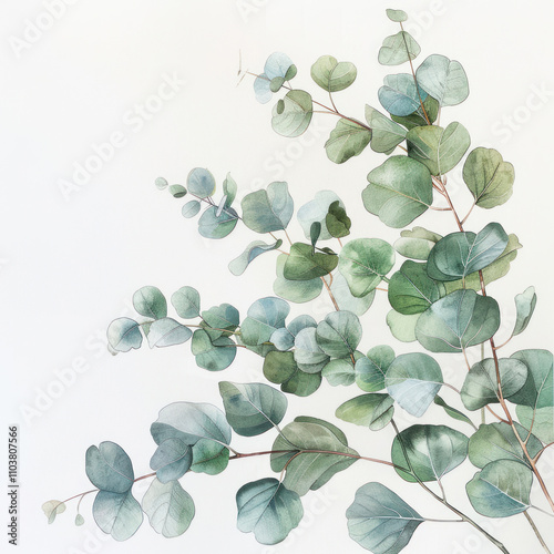 Obraz na płótnie eucalyptus branches with round gray-green leaves on a light background. The image looks like a watercolor painting or a delicate botanical print. w salonie