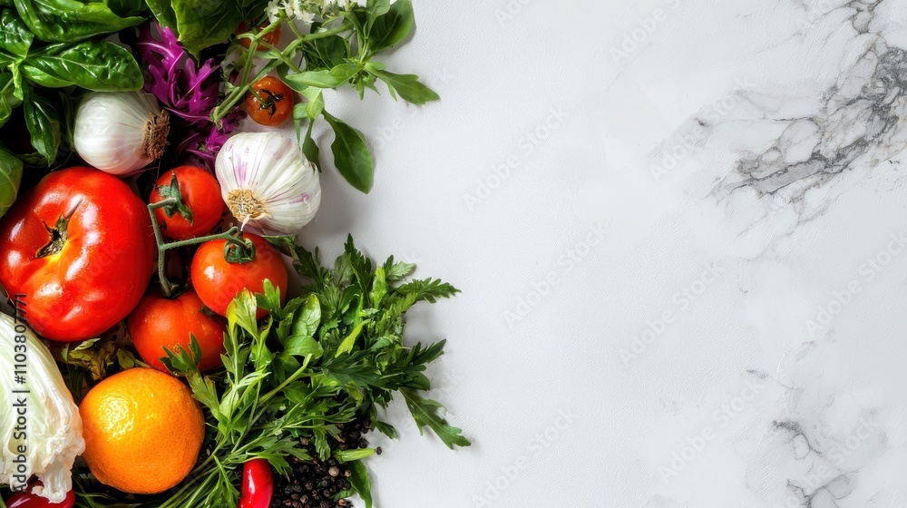Fresh Organic Vegetables and Herbs on Marble Background Display Indian food cuisine