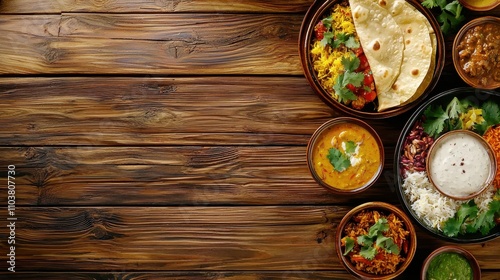 Colorful Indian Cuisine with Various Dishes on Wooden Table Indian food cuisine