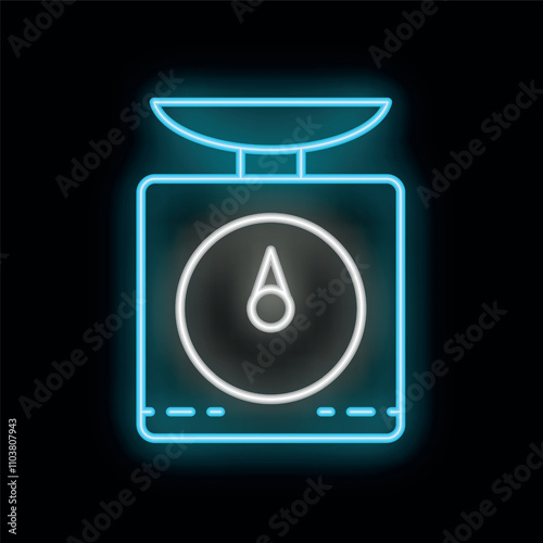 Glowing neon line scales icon isolated on black background. Weighing equipment sign. Vector illustration