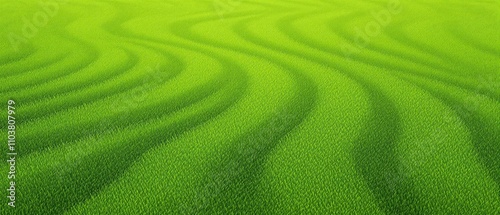 A freshly mowed lawn with a subtle wave pattern created by the mower, wavy pattern, green landscape, precise cutting, freshly cut grass