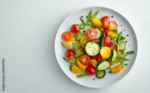 A clean kitchen countertop features a blank white plate surrounded by fresh vegetables, all set for making a nutritious meal.