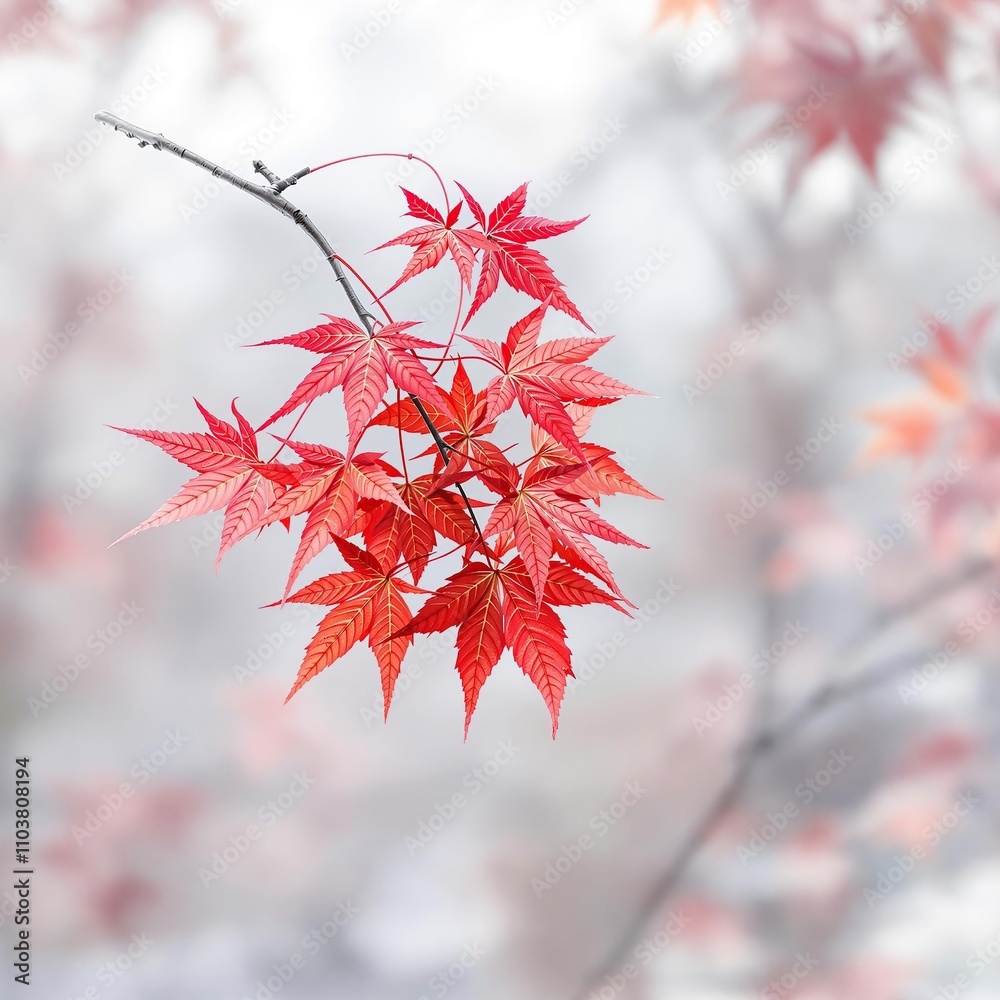 A cluster of bright red maple leaves rests on a bare winter branch swaying in the wind , tree branches, natural scenery, outdoor landscape, bright red maple leaves, winter twig A cluster of bright red maple leaves rests on a bare winter branch swaying in the wind , tree branches, natural scenery, outdoor landscape, bright red maple leaves, winter twig