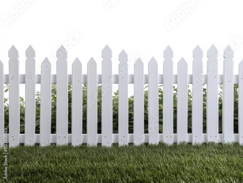 A pristine white picket fence standing on neatly cut green grass, symbolizing home, tradition, and simplicity in suburban life.. photo