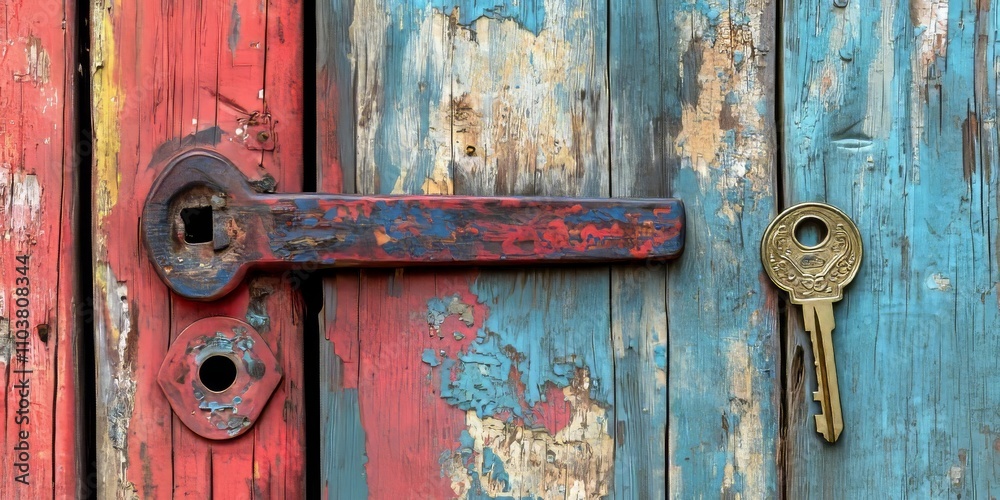 Weathered wooden door featuring a key and vibrant color. This old wooden door, alongside the key, showcases unique characteristics and charm that highlight the beauty of aged materials. Weathered wooden door featuring a key and vibrant color. This old wooden door, alongside the key, showcases unique characteristics and charm that highlight the beauty of aged materials.