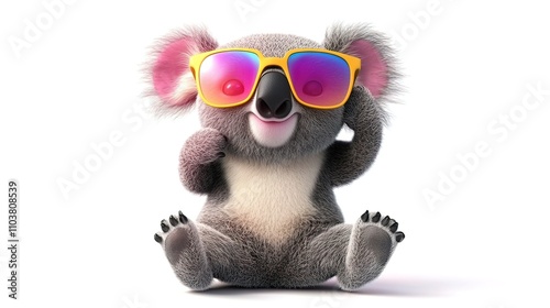 A cute cartoon koala wearing sunglasses, sitting on a white background.