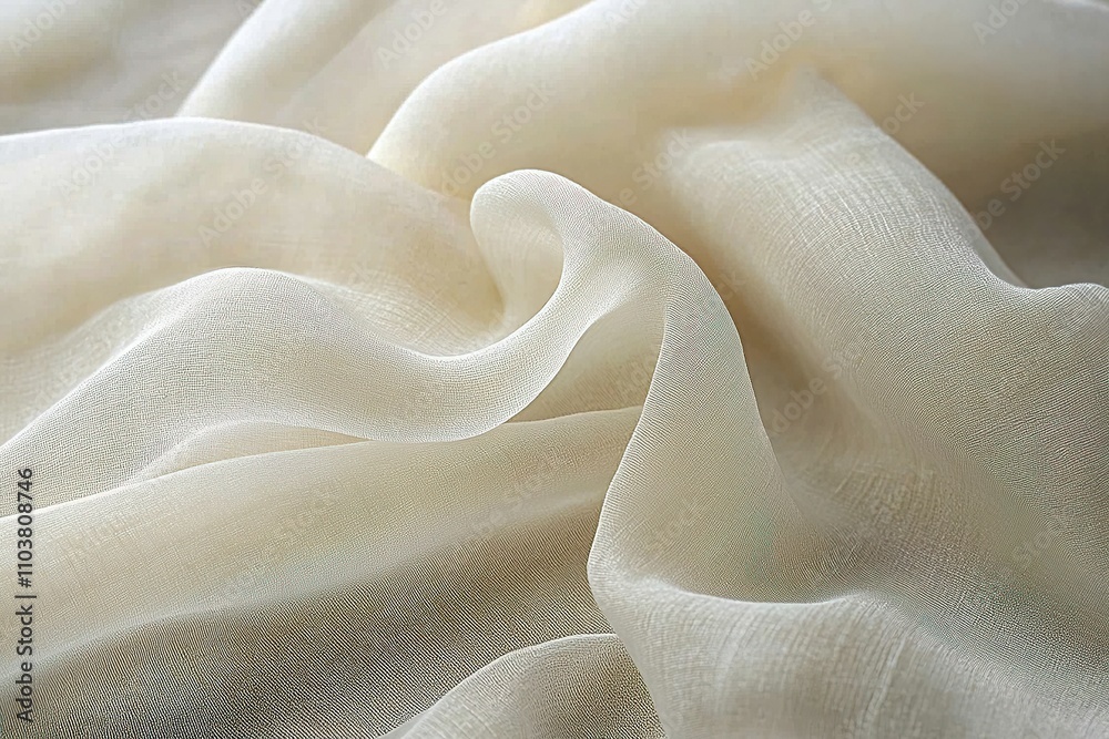 Sheer white fabric arranged in elegant swirling folds.