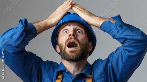 A bearded construction worker wearing a blue safety helmet, making a surprised facial expression, ideal for humorous or work-related themes.. photo