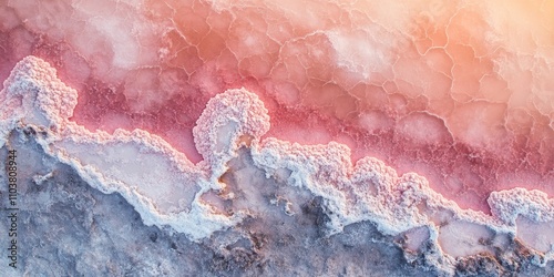 Aerial drone view of a pink salt lake at sunrise. This unique pink salt lake creates an abstract nature background, showcasing the stunning colors and textures of the pink salt lake. photo