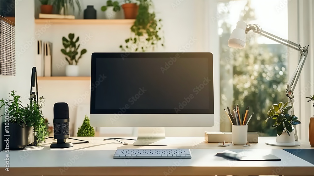 Content creation home studio with microphone, computer, and decor in a bright workspace Content creation home studio with microphone, computer, and decor in a bright workspace