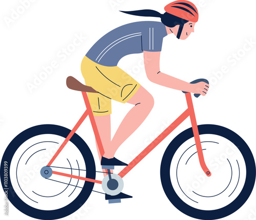 A woman is riding a bicycle with a helmet on