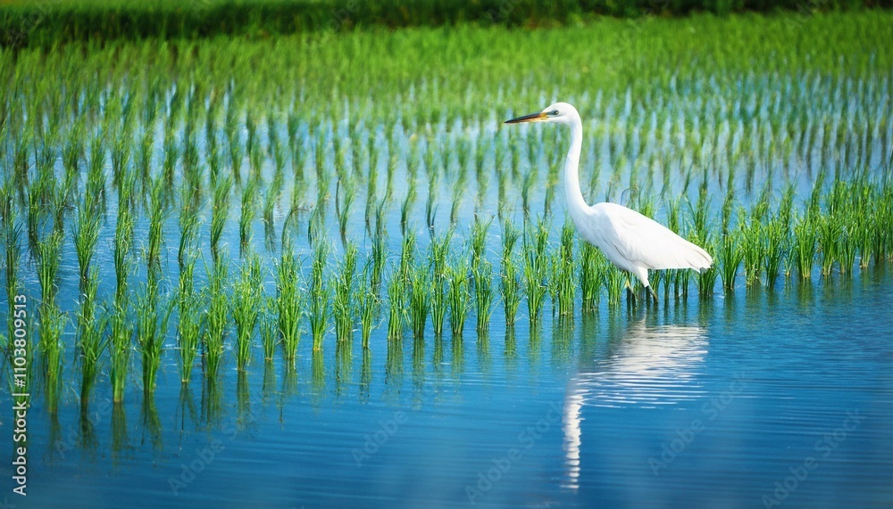 Fototapeta premium white egret heron scient. class. Egretta bird animal, in a rice