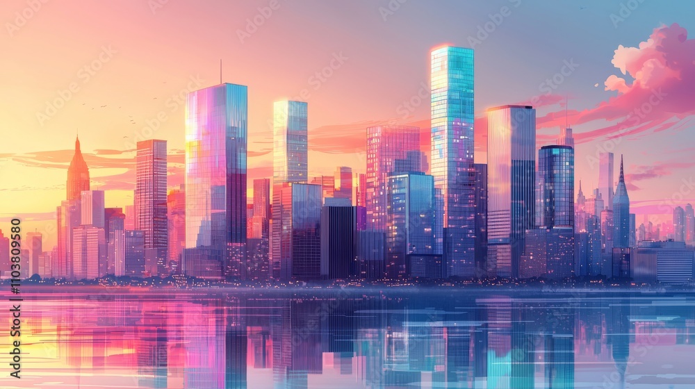 Fototapeta premium Detailed glass buildings with reflections, gradient sky, clean and precise composition, modern cityscape 