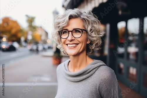 Portrait of smiling middle-aged woman with eyeglasses in the city